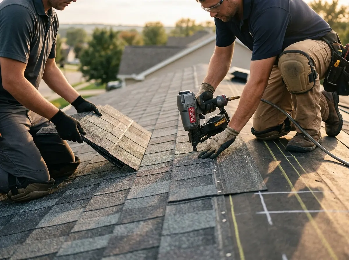 Professional roofer working on a residential roof in Eden Isle